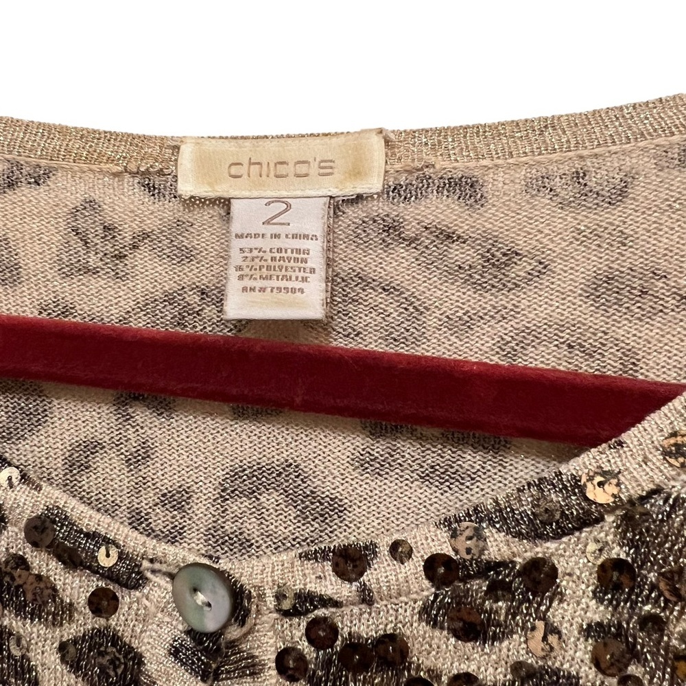Chico’s Womens Knit Sequined Metallic Cardigan Leopard Print 3/4 sleeve Size 2 - Picture 3 of 8